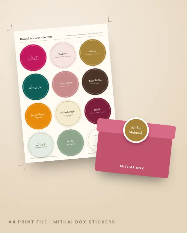 A4 sticker sheet with cut marks next to a mithai box with a round sticker